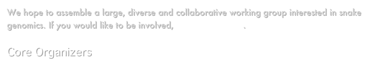 We hope to assemble a large, diverse and collaborative working group interested in snake genomics. If you would like to be involved, please contact us.

Core Organizers
